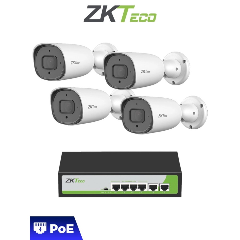 ZKTECO ZKT3720004 ZKTECO POE4255CPAK - Paquete de 4 Cámaras IP Bullet Full Color 5MP BS855P12CS7CMI