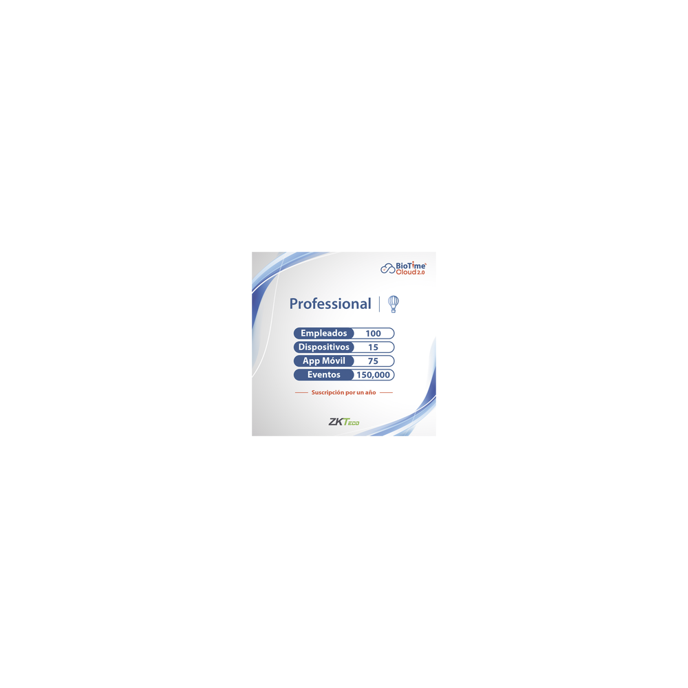 ZKTECO ZKT0820133 LICENCIA PROFESSIONAL BIOTIME CLOUD 2.0 / 100 USUARIOS / 15 DI