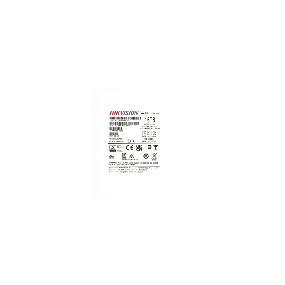HIKVISION DS160HKAI-VX1 Disco Duro Empresarial / 16 TB / 7200 RPM / Interfaz SATA 6 Gb/s / Búfer de 512 MB / Diseñado pa