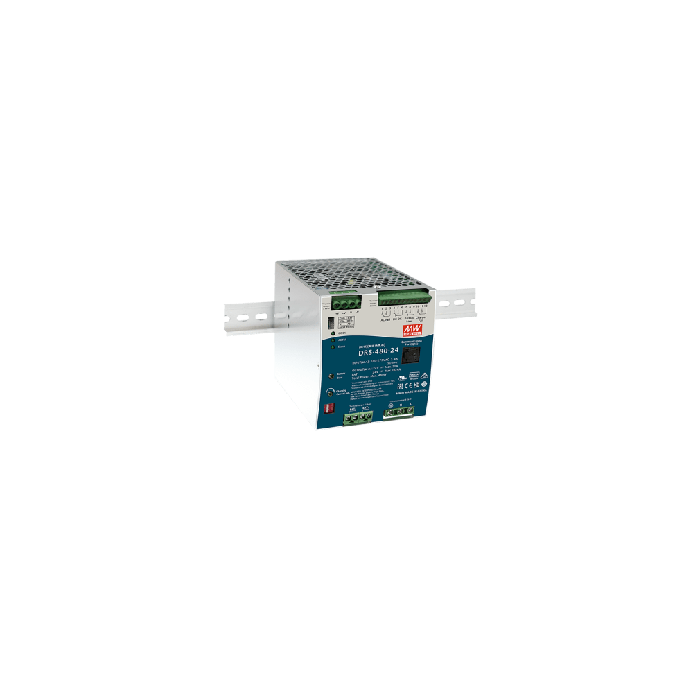 MEANWELL DRS48024 Fuente de Poder Industrial de 480W con Cargador de Baterías salida 24Vcc 20A para